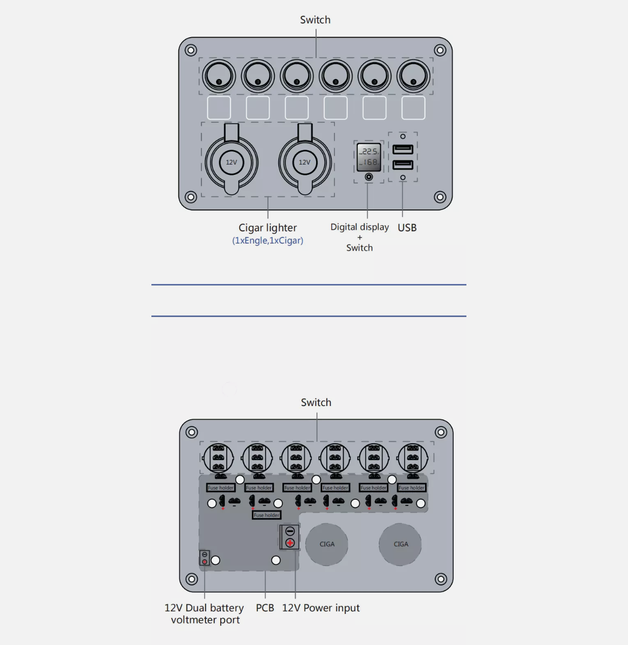 12V DC Power Panel Dual Battery Voltmeter 2X USB & 2X Ciga 6 Ways Surface Mount Diagram