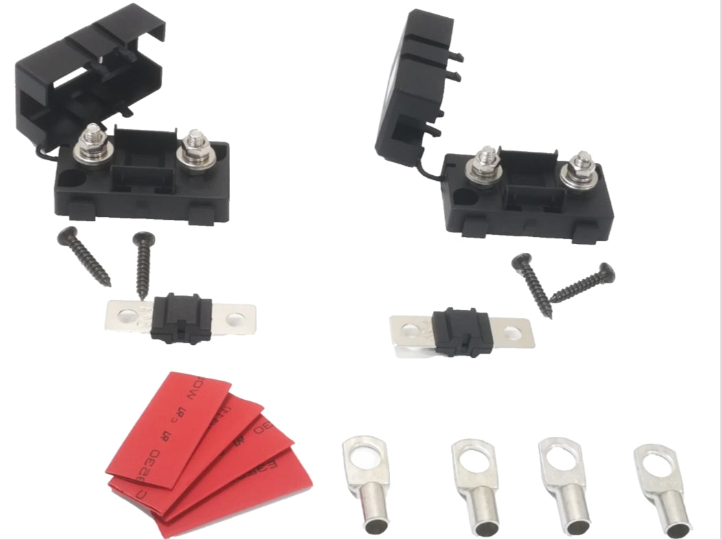 The image shows a 40A MIDI Fuse & Holder Kit, including two black fuse holders, red heatshrink tubing, and tin-plated copper cable lugs with stainless steel screws.