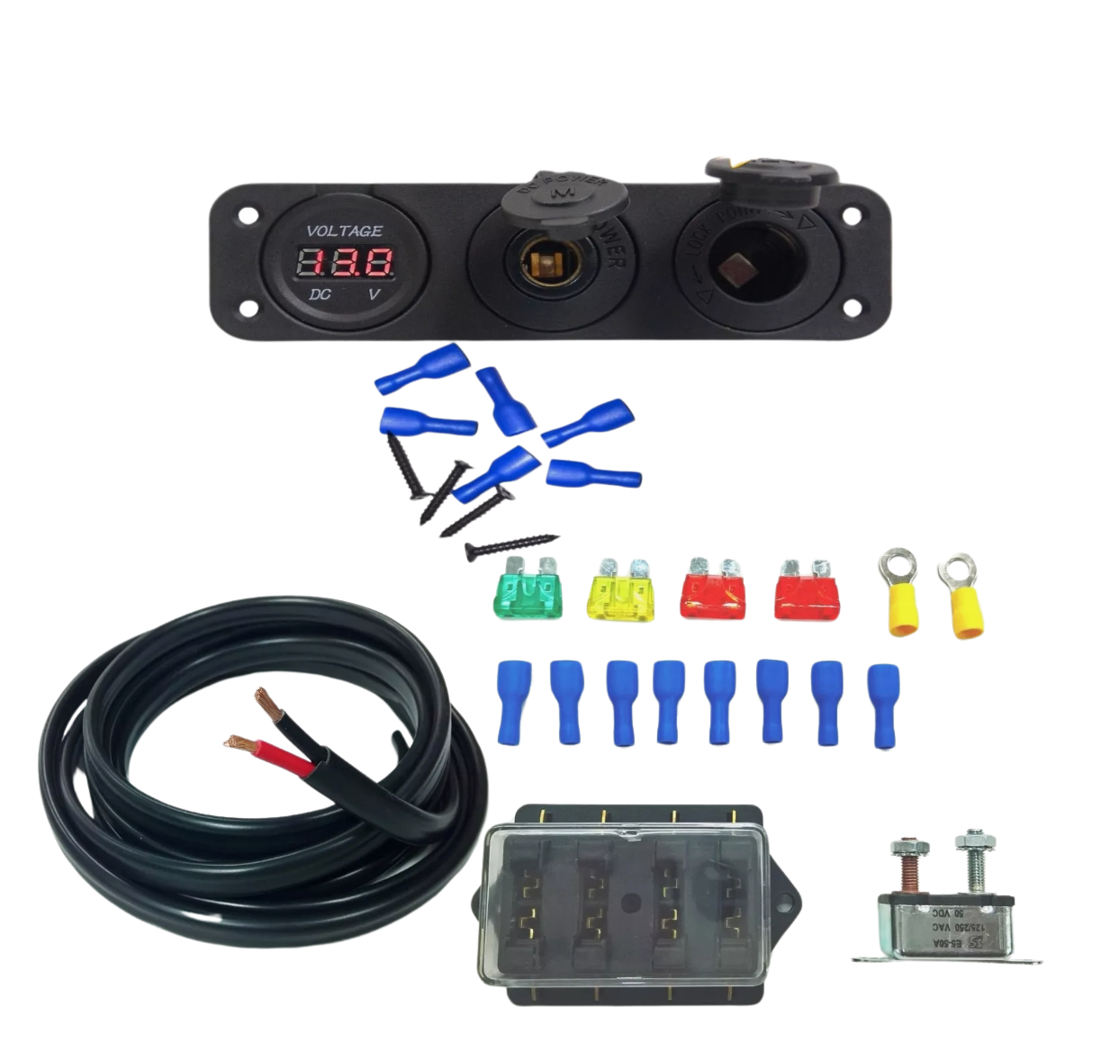 12V/24V DUAL Battery Box DIY kit 10M 6MM TWIN CORE 4 Way Fuse Volt Meter CAR