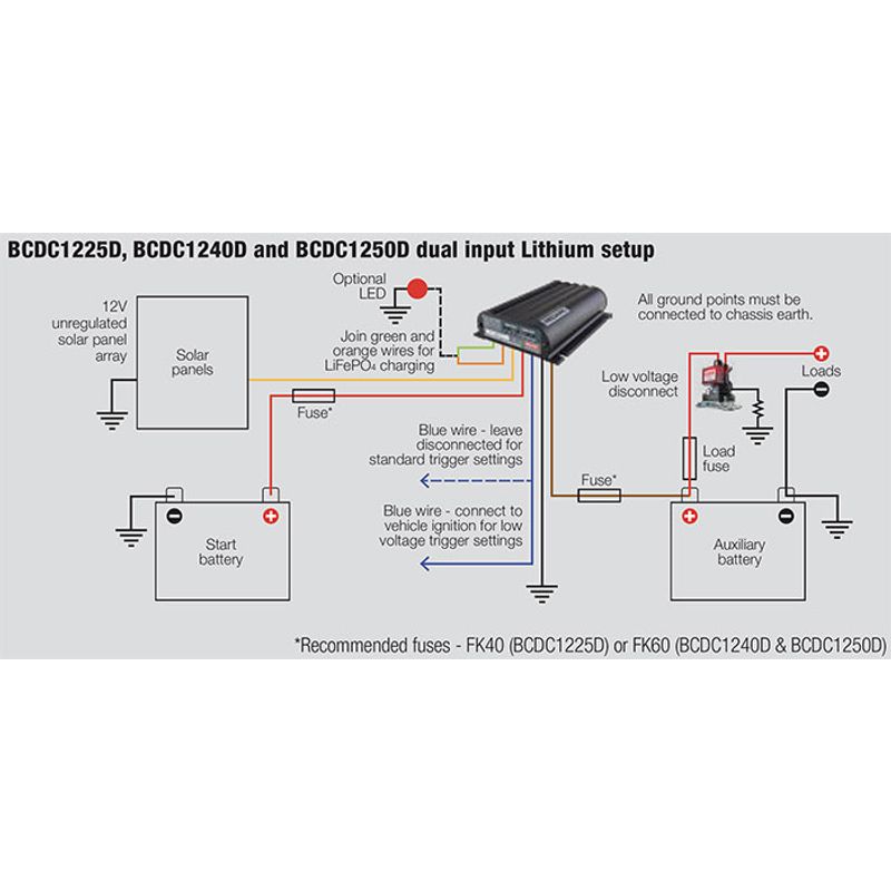 Electrical diagram of a dual input lithium setup with components and connections.