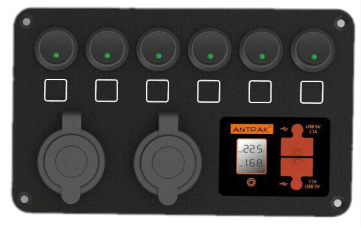 12V DC Power Panel Dual Battery Voltmeter 2X USB & 2X Ciga 6 Ways Surface Mount