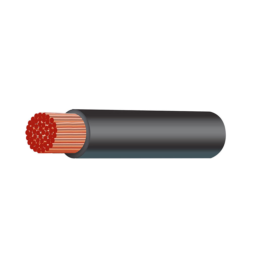 A section of black electrical cable with a red copper inner core, representing a high amperage battery starter cable.