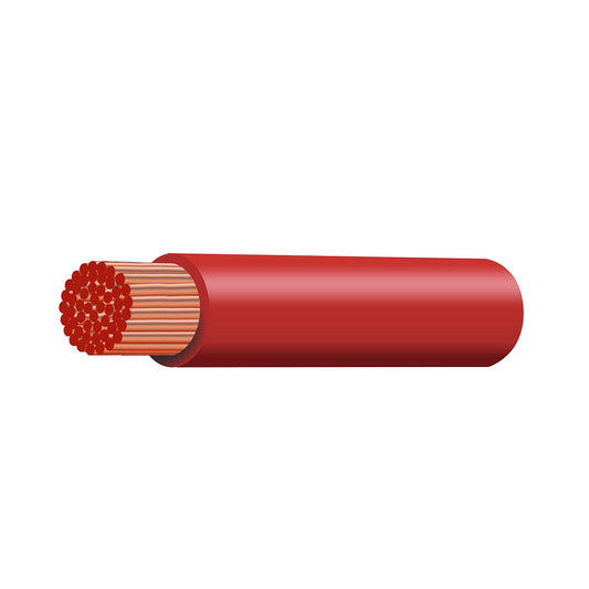 A section of black electrical cable with a red copper inner core, representing a high amperage battery starter cable.