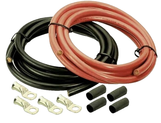 The image shows a high amperage inverter wiring kit with black and orange cables, along with copper cable lugs and heat shrink tubing.