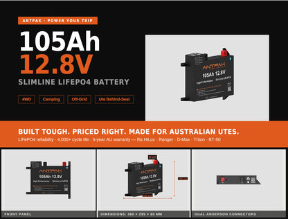 ANTPAK 105Ah Slimline LiFePO4 Battery – 12V 200A | Ultra-Slim 80mm Ute Behind-Seat Battery for 4WD, Camping & Off-Grid