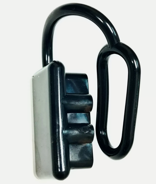 A black Anderson connector with a white core, designed for electrical cables.