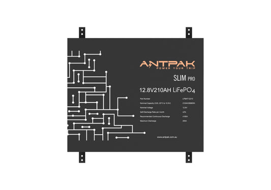 A black ANTPAK 12.8V 210Ah LiFePO4 lithium battery with a slim design, featuring a powder-coated steel case and branding on the front.