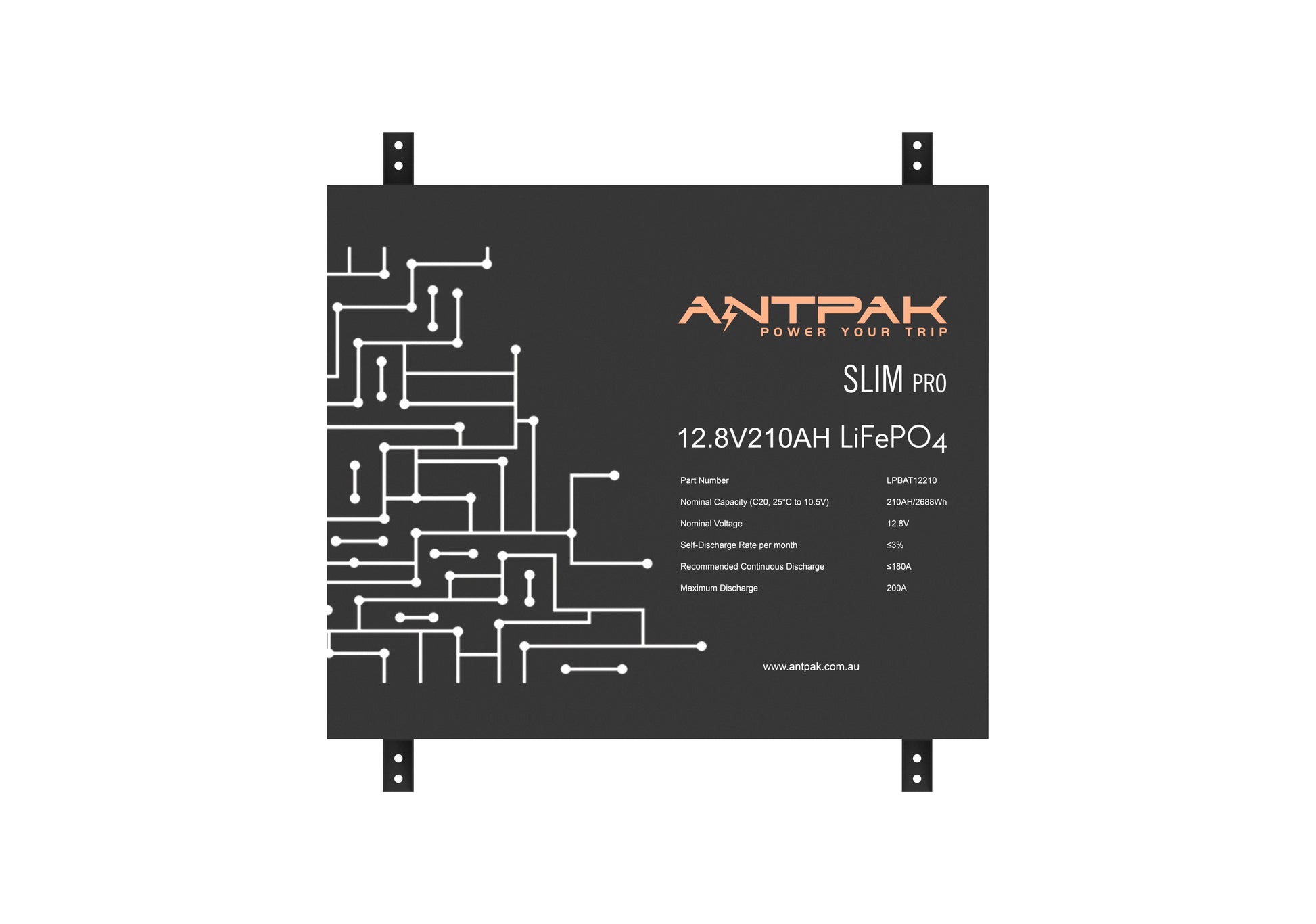 A black ANTPAK 12.8V 210Ah LiFePO4 lithium battery with a slim design, featuring a powder-coated steel case and branding on the front.