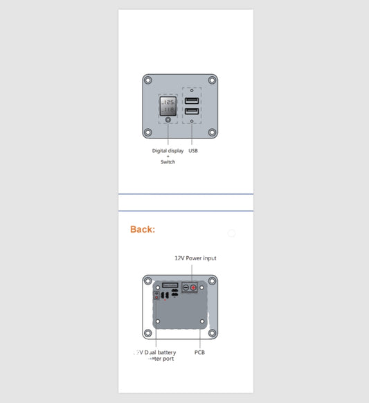 12V DC Power Panel Dual Battery Voltmeter 2X 2.1A (4.2A)USB Dual Battery Monitor Diagram of a electronic device with labeled components on a white background