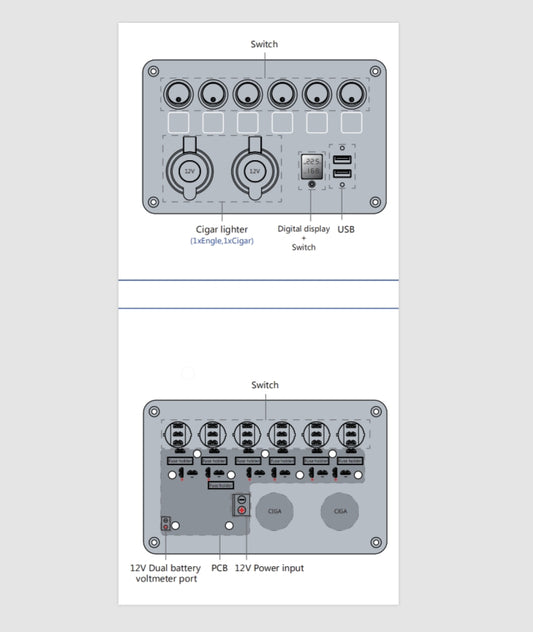 Diagram of a vehicle's electrical system with components labeled. 12V DC Power Panel Dual Battery Voltmeter 2X USB & 2X Ciga 6 Ways Surface Mount