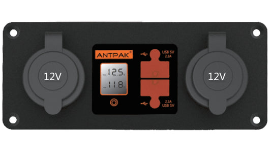 A black 12V DC power panel by ANTPAK featuring a dual battery voltmeter, two USB ports, and two cigar sockets, with a rugged aluminium design. 12V DC Power Panel – Dual Battery Voltmeter, 2x USB Ports, 2x Cigar Sockets, 15A Fuse – Aluminium Panel (4WD, Marine, Caravan)