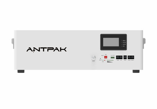 A white 51.2V 100AH battery with a digital display and several ports, labelled with the brand ANTPAK.