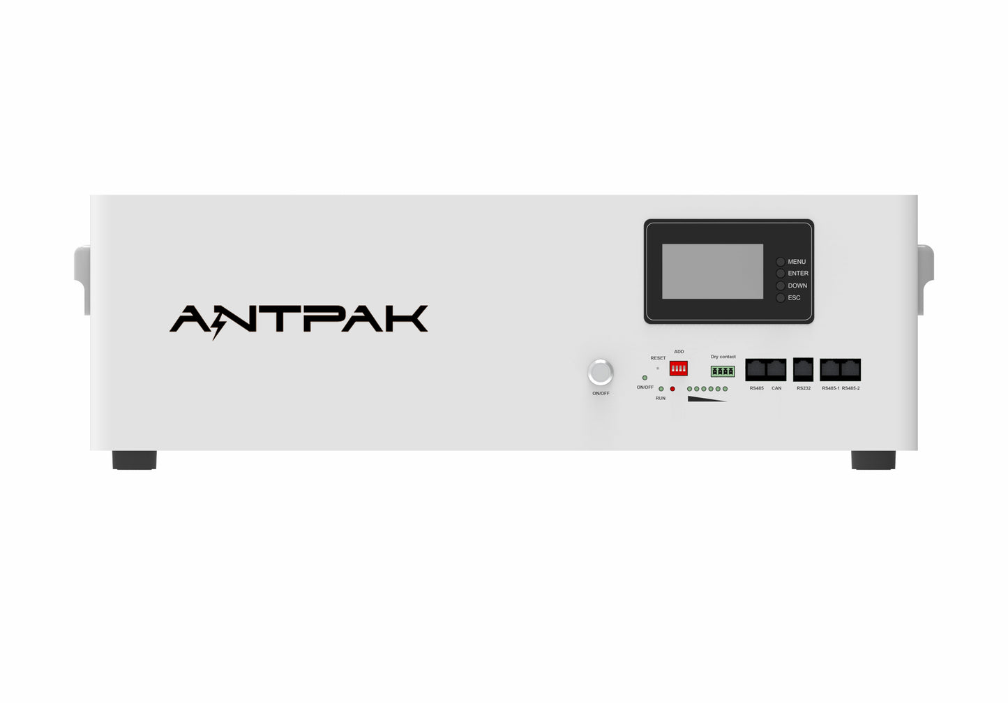 A white 51.2V 100AH battery with a digital display and several ports, labelled with the brand ANTPAK.