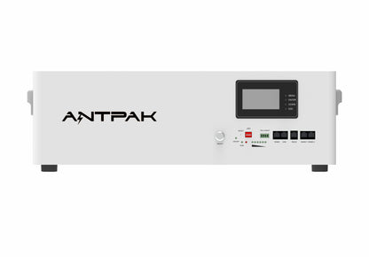 A white 51.2V 100AH battery with a digital display and several ports, labelled with the brand ANTPAK.