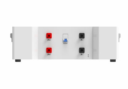 A white 51.2V 100AH battery with a digital display and several ports, labelled with the brand ANTPAK.