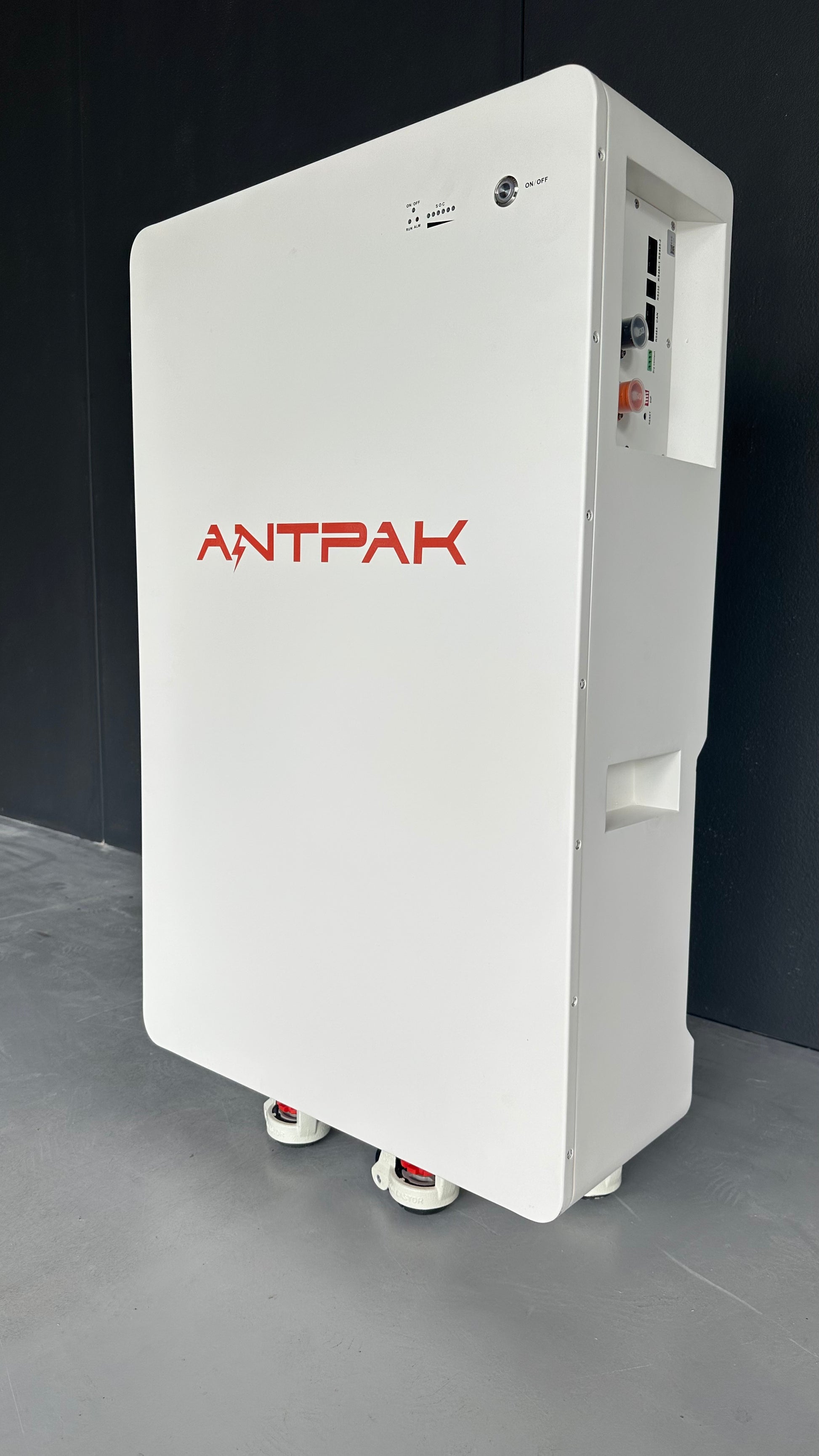A white 52V 280Ah ANTPAK lithium-ion battery with a built-in management system