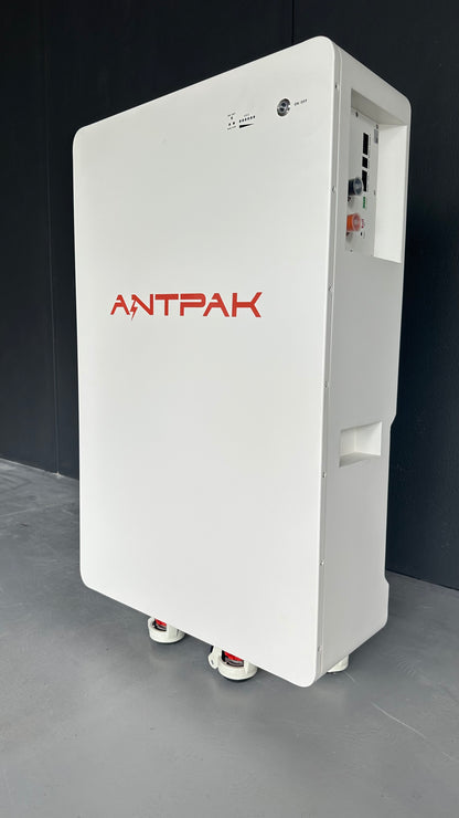 A white 52V 280Ah ANTPAK lithium-ion battery with a built-in management system