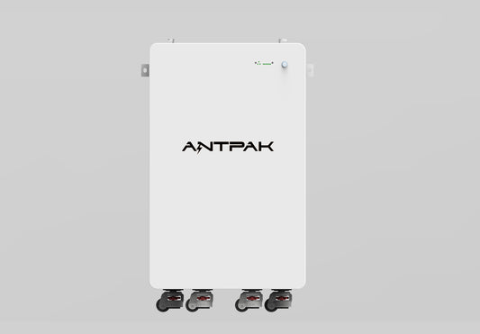 A white rectangular 52V 280Ah battery with the brand name ANTPAK on it, featuring a built-in battery management system and multiple connection ports.
