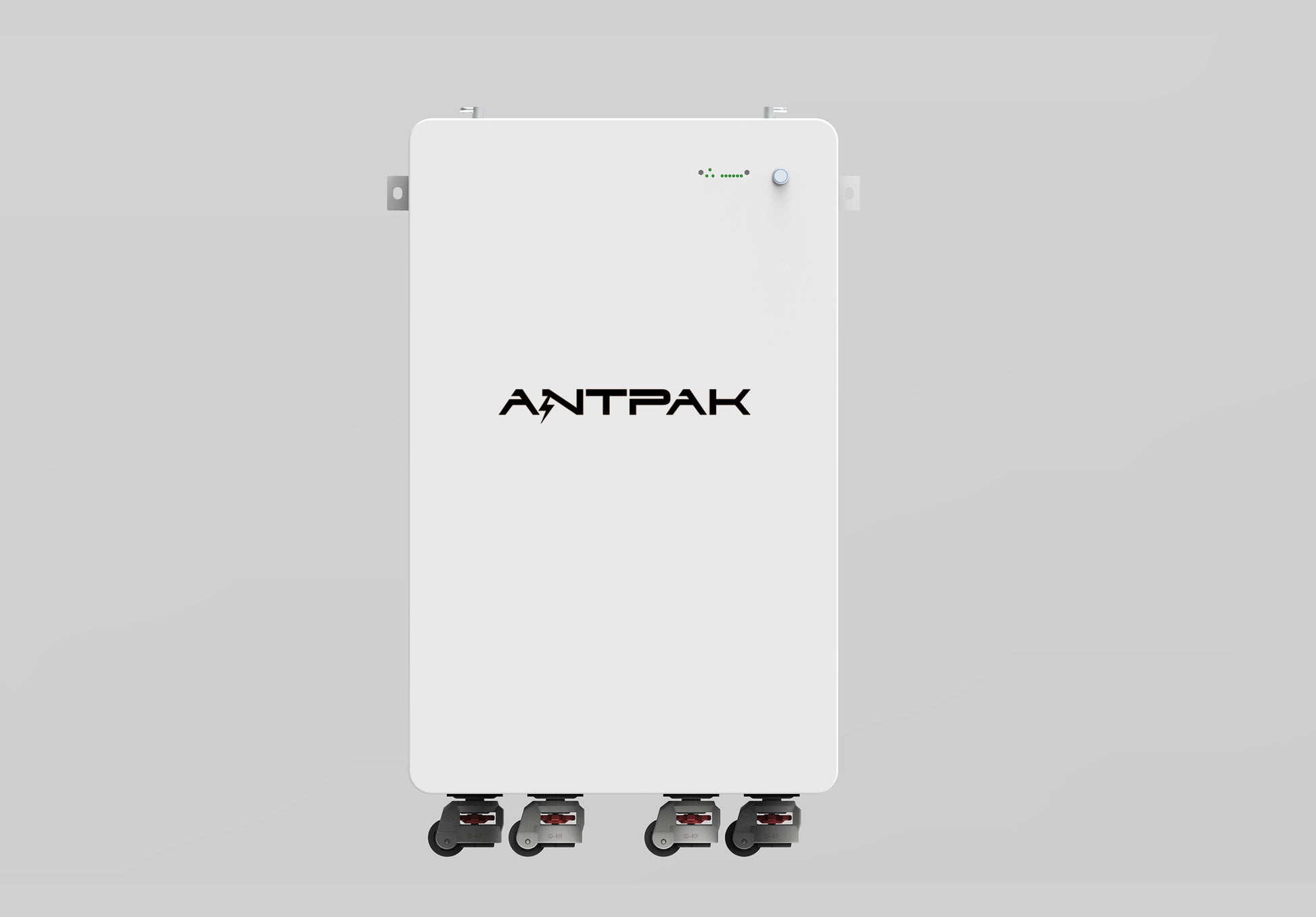 A white rectangular 52V 280Ah battery with the brand name ANTPAK on it, featuring a built-in battery management system and multiple connection ports.