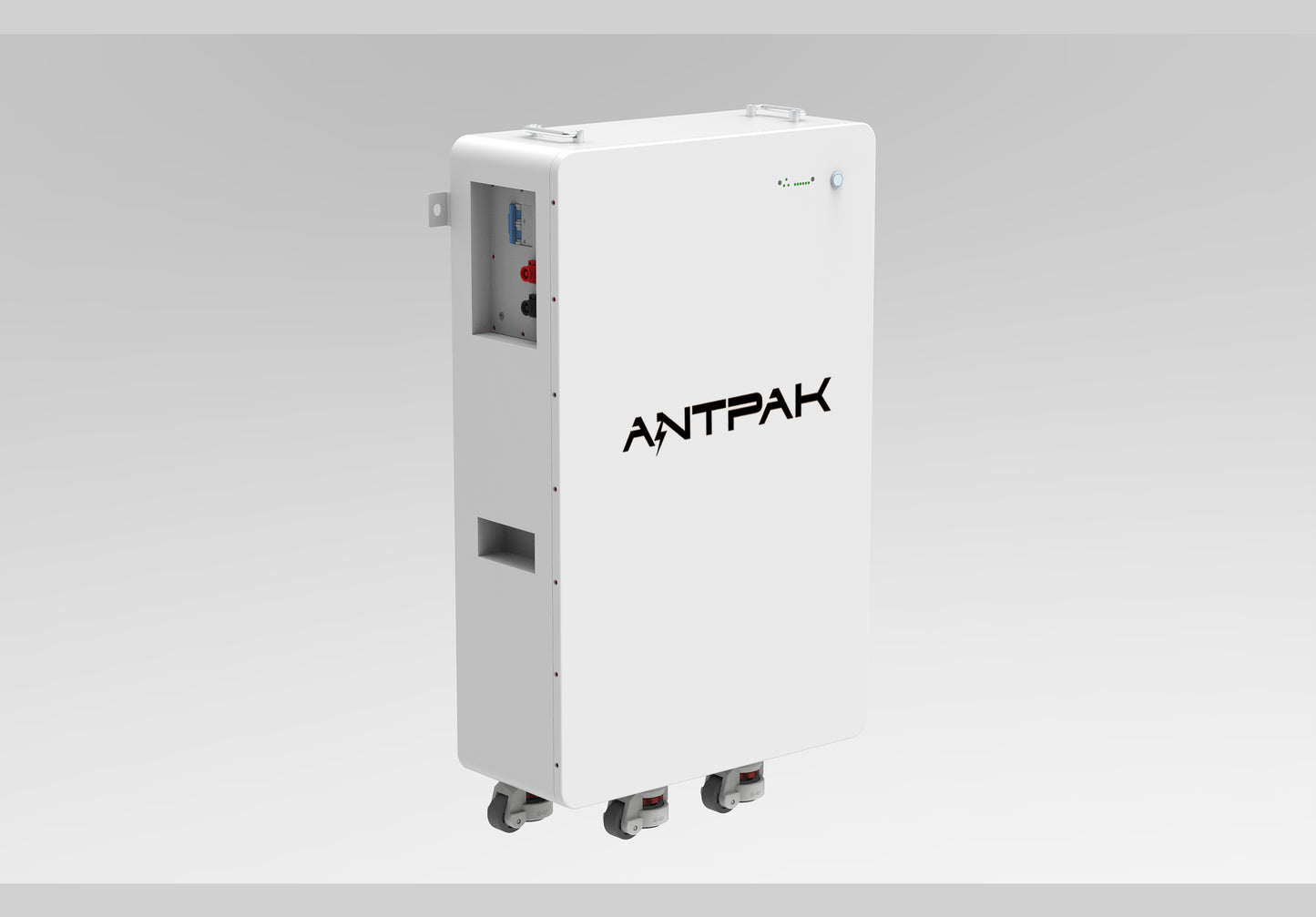 A white rectangular 52V 280Ah battery with the brand name ANTPAK on it, featuring a built-in battery management system and multiple connection ports.