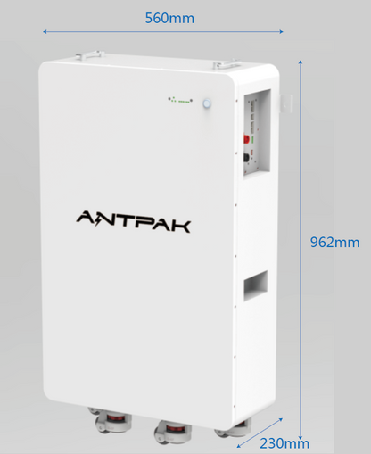 A white rectangular 52V 280Ah battery with the brand name ANTPAK on it, featuring a built-in battery management system and multiple connection ports. 