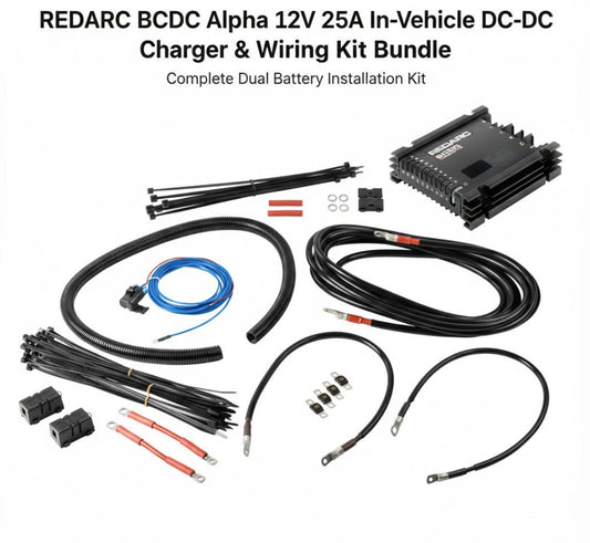 REDARC BCDC Alpha 12V 25A In-Vehicle DC-DC Charger & Wiring Kit Bundle on a white background