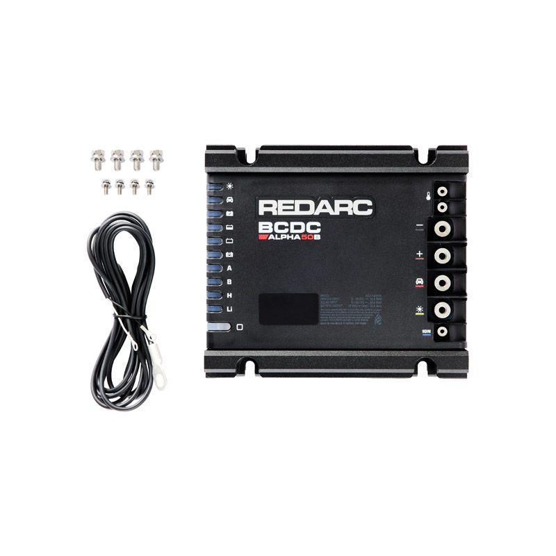Redarc BCDC Alpha DC/DC converter with cable on a white background