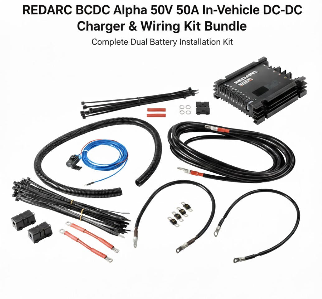 REDARC BCDC Alpha 50V 50A In-Vehicle DC-DC Charger & Wiring Kit Bundle on a white background