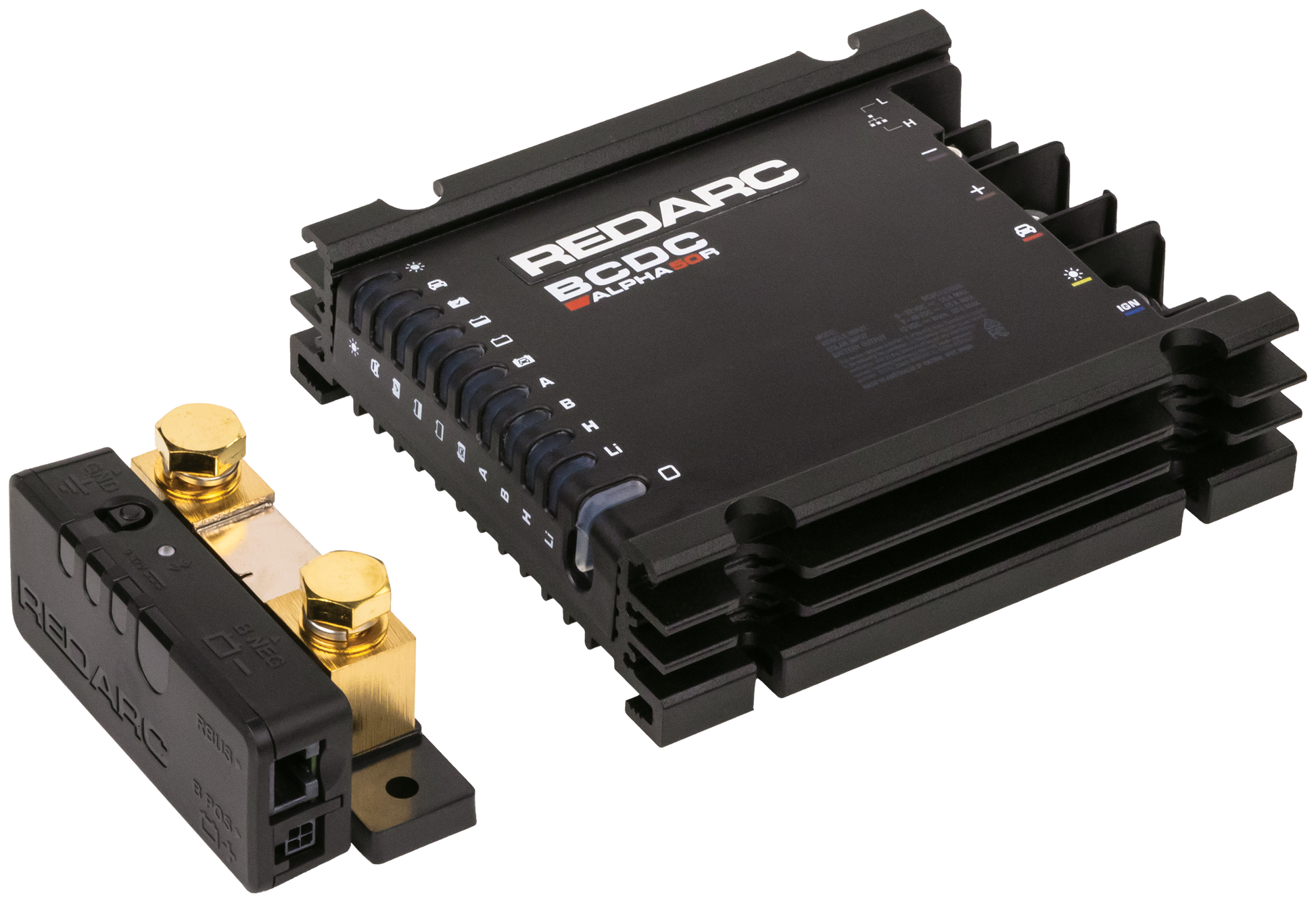 Black electronic device with 'Redarc' branding on a white background