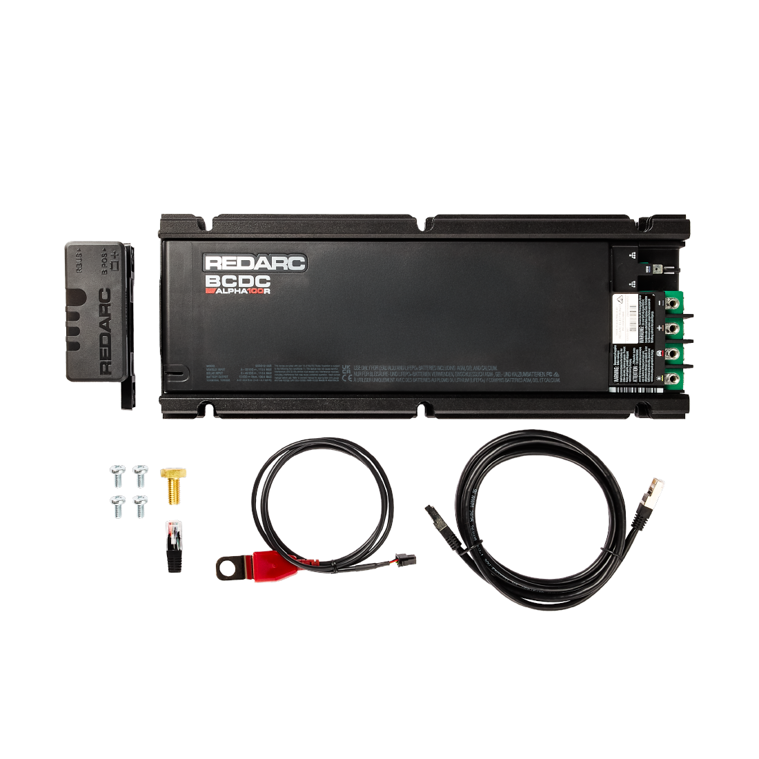 Redarc battery charger with cables and connectors on a white background