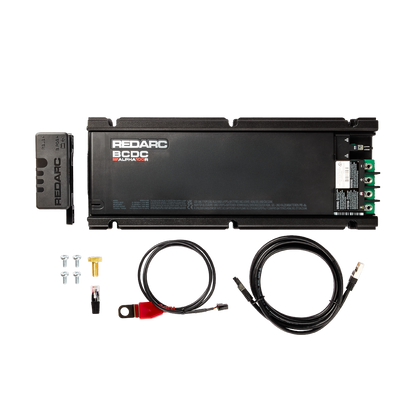 Redarc battery charger with cables and connectors on a white background