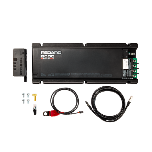 Redarc battery charger with cables and connectors on a white background