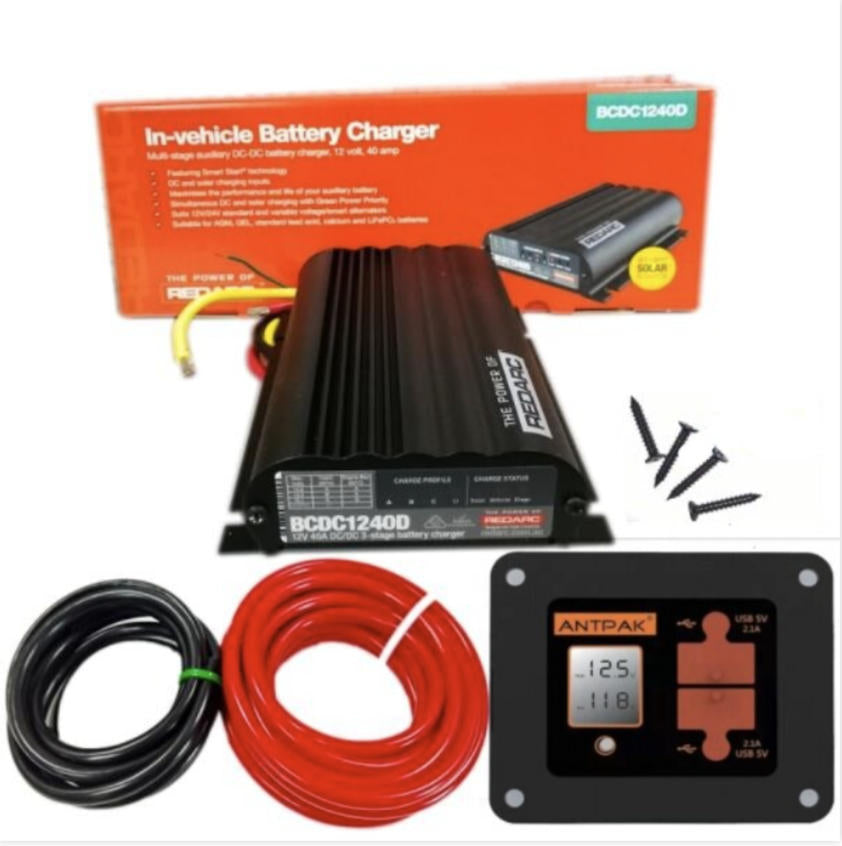 In-vehicle battery charger with packaging, cables, and display unit on a white background