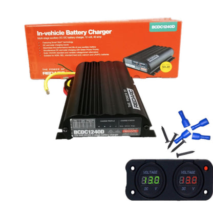 In-vehicle battery charger with packaging, connectors, and voltage display on a white background