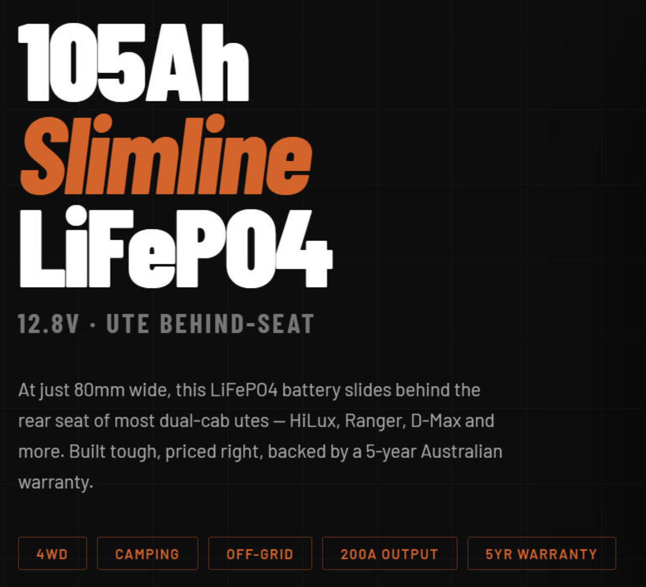 Advertisement for a 105Ah Slimline LiFePO4 battery with text on a black background