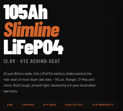 Advertisement for a 105Ah Slimline LiFePO4 battery with text on a black background
