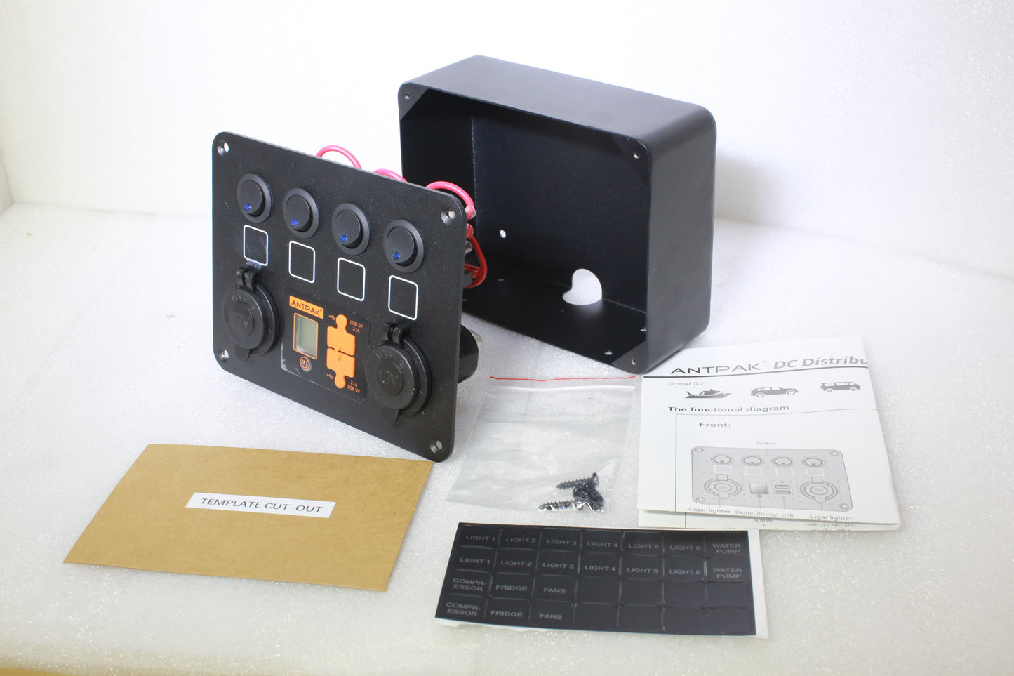 12V DC Power Panel Dual Battery Voltmeter 2X USB & 2X Ciga 4 Ways Surface Mount
