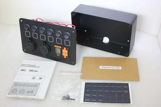 12V DC Power Panel Dual Battery Voltmeter 2X USB & 2X Ciga 6 Ways Surface Mount