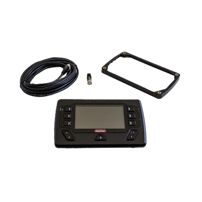 Black electronic device with screen and buttons, black cable, and black frame on a white background