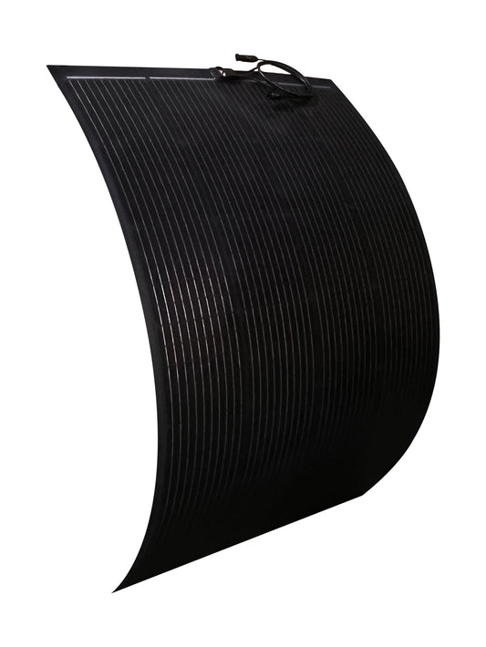 A flexible, black solar panel designed for use on RVs, camper vans, and trailers.