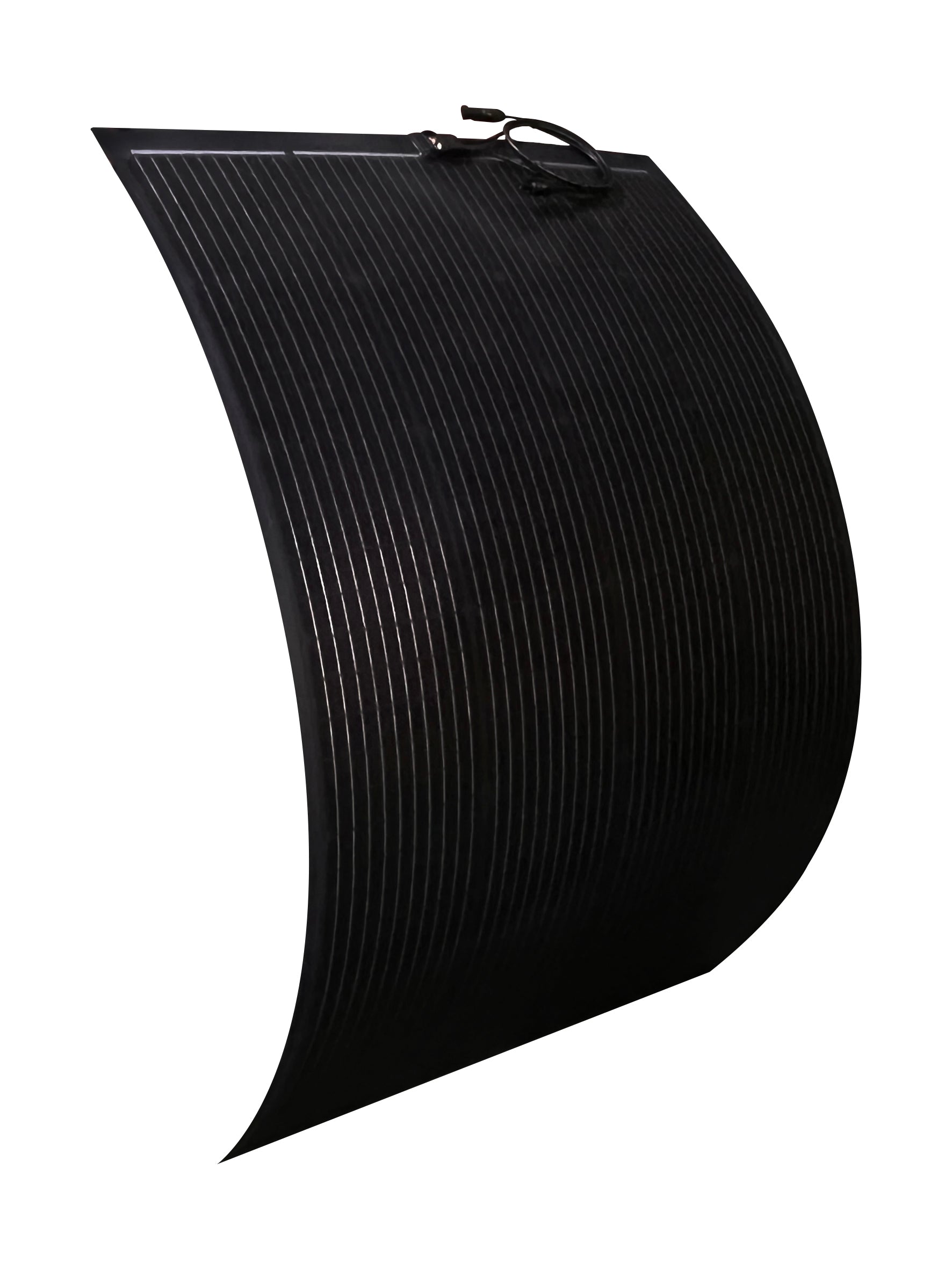 A flexible, black solar panel designed for use on RVs, camper vans, and trailers.