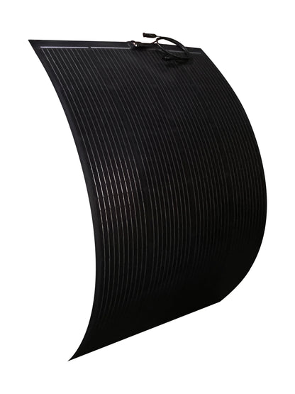 A flexible, black solar panel designed for use on RVs, camper vans, and trailers.