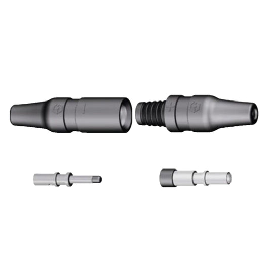 An image showing a male MC3 connector on the left and a female MC3 connector on the right, with rubber sealing rings pre-installed. Both connectors are colored in gray.