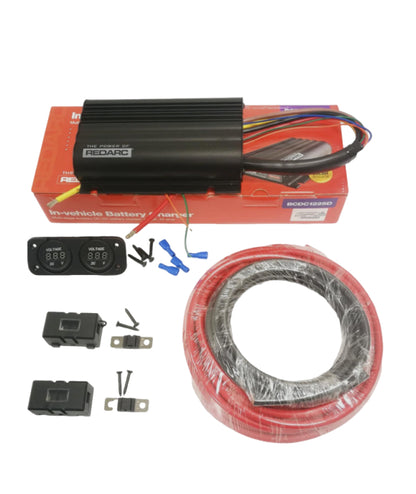 Car system components including a power amplifier, wiring, and connectors on a white background.