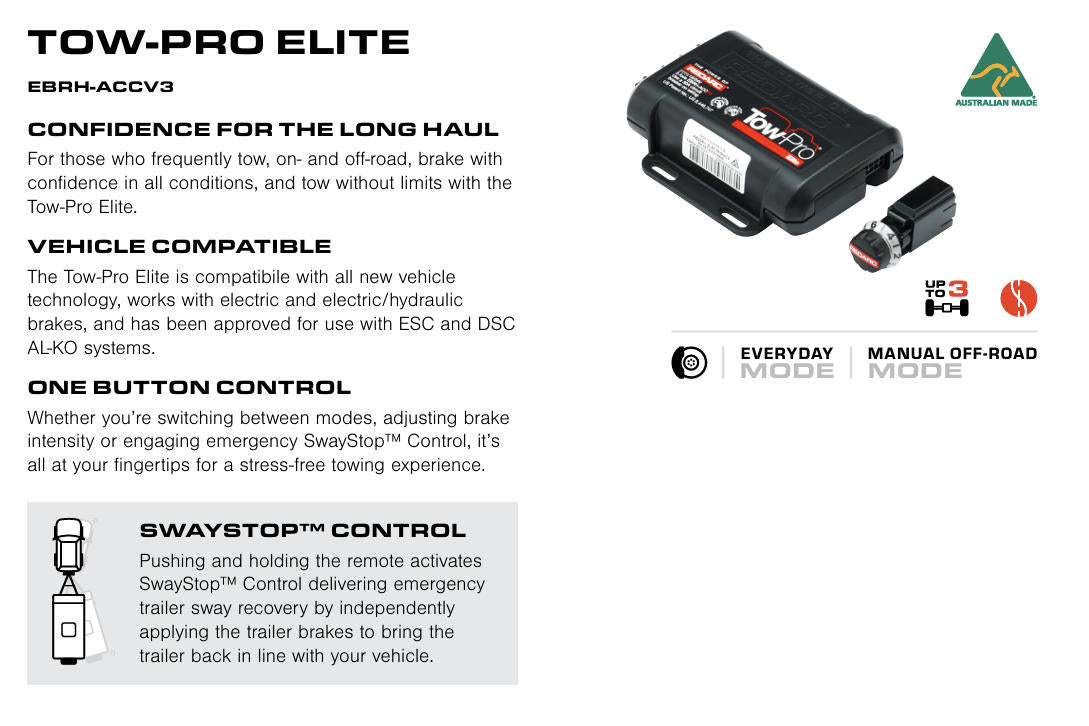 Tow-Pro Elite electronic brake control system with product details on a white background