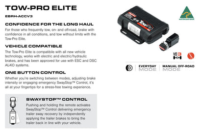Tow-Pro Elite electronic brake control system with product details on a white background