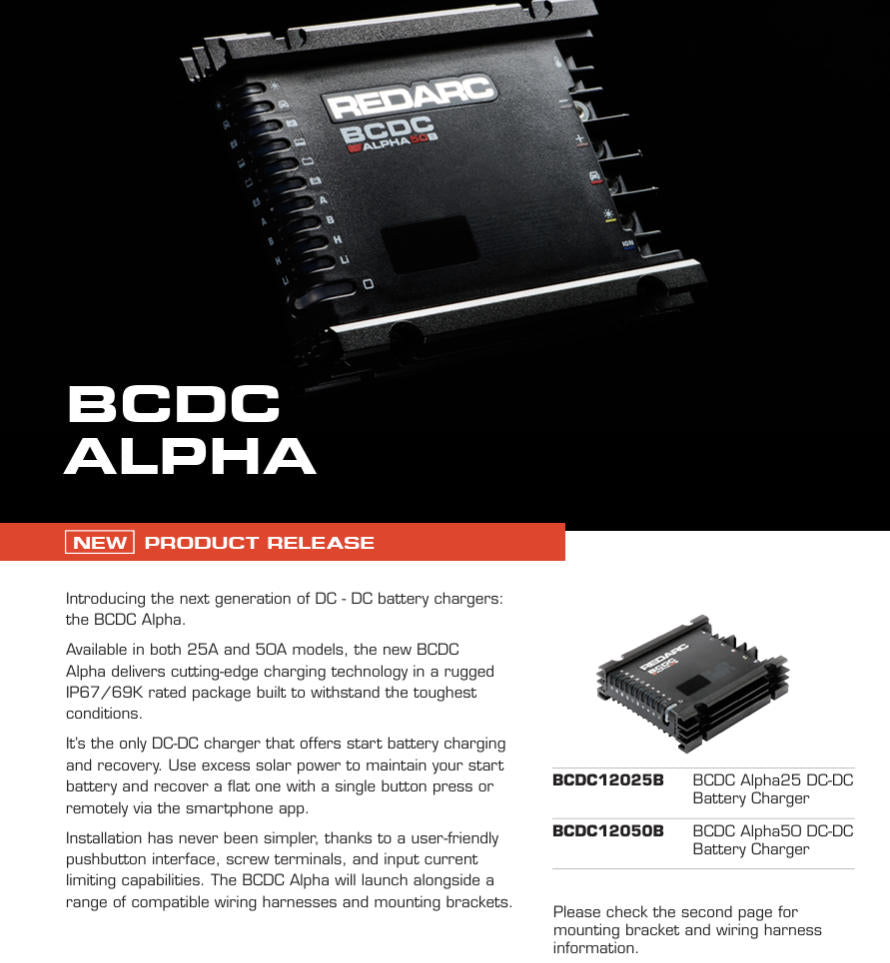 Redarc BCDC Alpha DC-DC battery charger on a black background with product details below.
