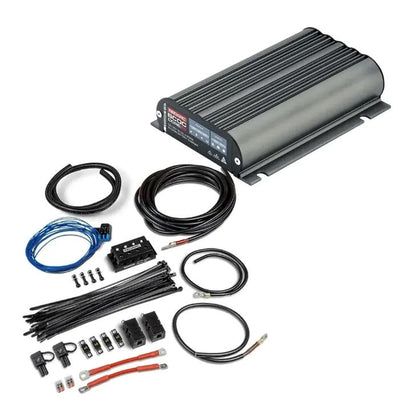 Car audio amplifier kit with cables and connectors on a white background