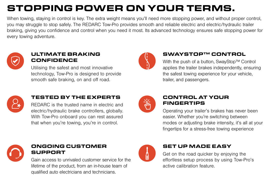 Promotional text for REDARC Tow-Pro trailer braking system with features and benefits listed.