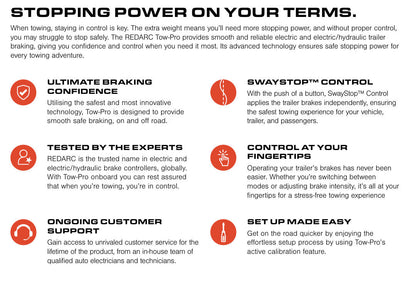 Promotional text for REDARC Tow-Pro trailer braking system with features and benefits listed.